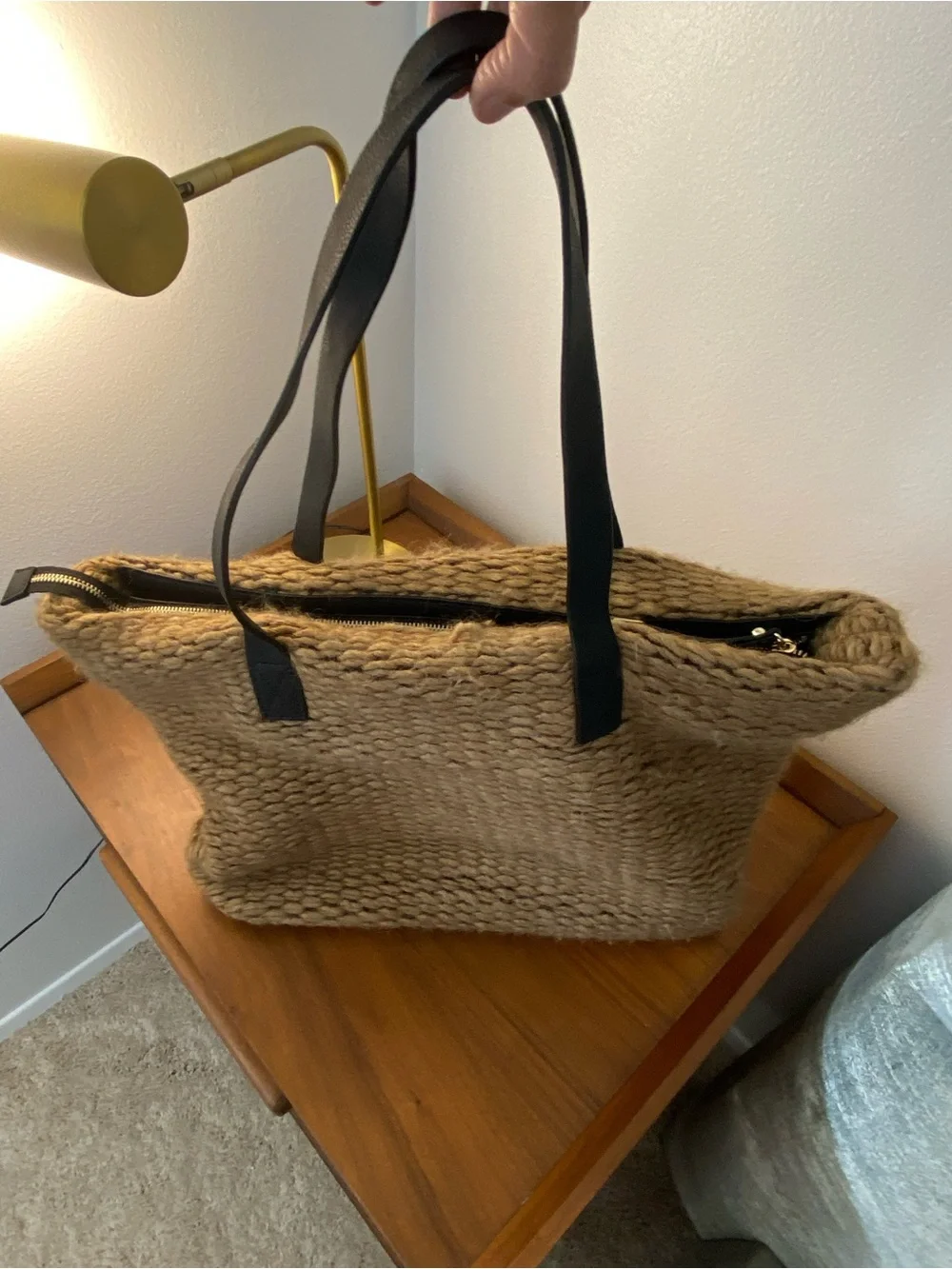 Stefanel Camel Knit Tote with Black Leather Handles